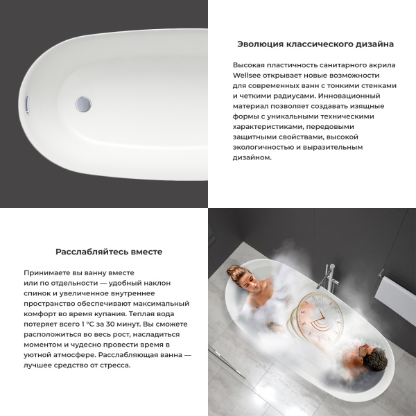 Акриловая ванна в наборе 4 в 1: отдельностоящая ванна, ножки, экран, слив-перелив Wellsee Paradise Story 236602004