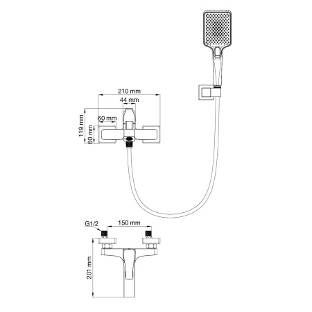 Смеситель для ванны с душем WONZON & WOGHAND, Черный матовый (WW-88037072-MB)