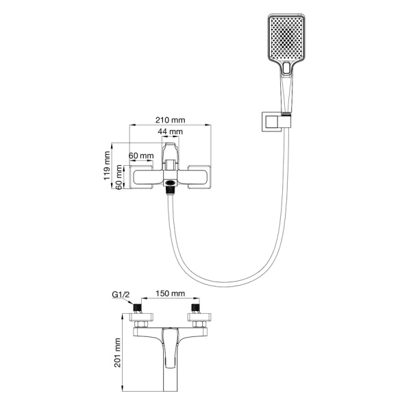 Смеситель для ванны с душем WONZON & WOGHAND, Черный матовый (WW-88037072-MB)