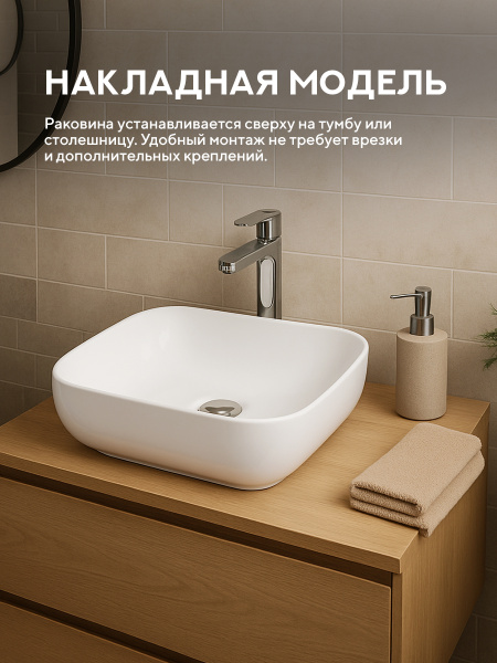 Накладная раковина Amore di Mare Vivaro 50305-RR, умывальник прямоугольный из фарфора 50,5х40,5 см, белый цвет, гарантия 25 лет