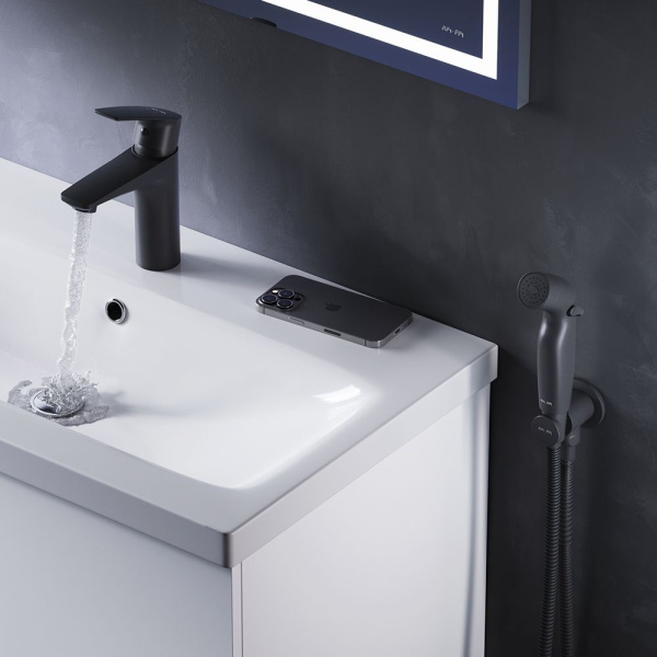 F90A03022 Gem Смеситель для умывальника AM.PM с гиг.душем, излив 99 мм, черный