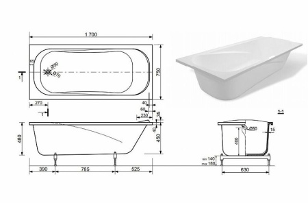 Ванна из литьевого мрамора Taliente Bolseno BL 17075 170х75 пристенная прямоугольная