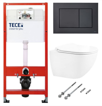 Комплект инсталляции TECEbase kit с черной матовой кнопкой и подвесной унитаз Ceruttispa АМИЧИ (AMICI) Aria Tornado CT11388 безободковый (490х335х340)
