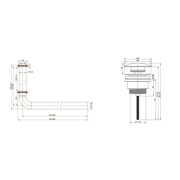 Набор 2 в 1 Wellsee Drainage System 182101003, сифон для раковины, донный клапан, хром