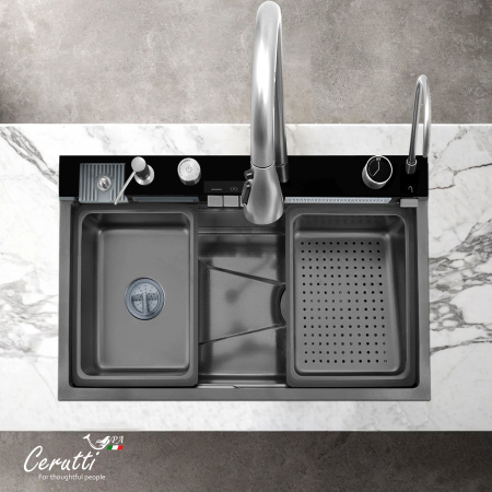 Многофункциональная мойка GLORIA II nano black (серая) из нержавеющей стали, кухонная (750х460х230) Ceruttispa