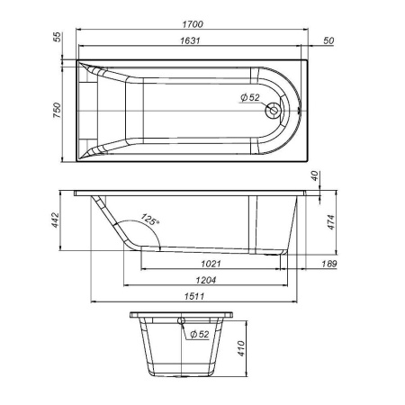 W72A-170-075W-R2 Каркас для ванны Spirit 170х75