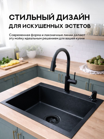 Мойка для кухни из нержавеющей стали Amore di Mare Favo Pelle FP6048B-1, 600х480х220 мм: мойка, дозатор, сифон. Цвет: черный.