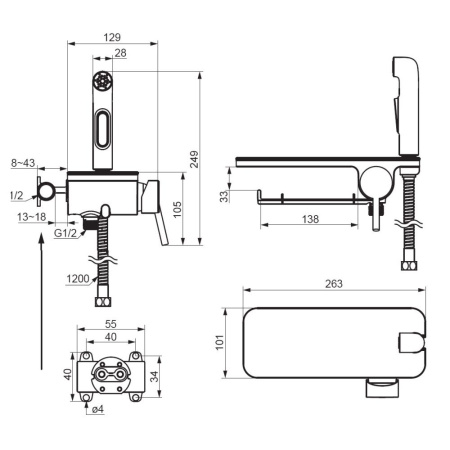 773500200 Jupiter Смеситель Damixa монтируемый в стену с гигиеническим душем и полкой, белый