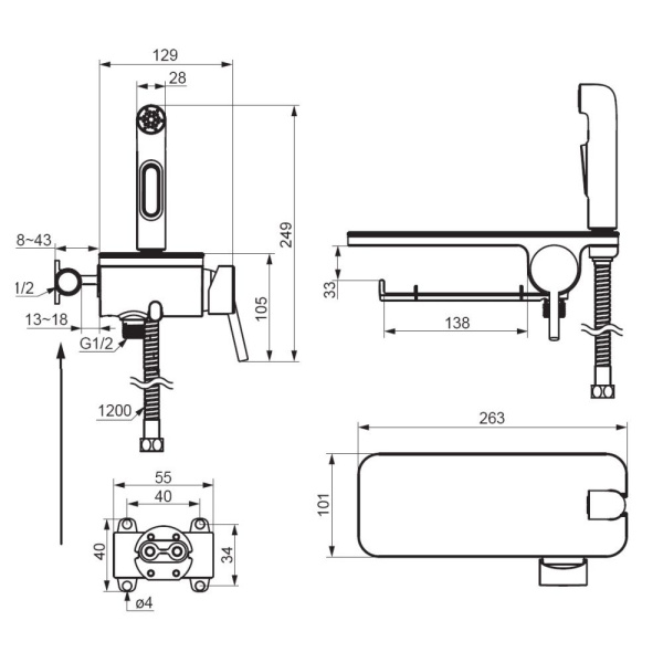 773500200 Jupiter Смеситель Damixa монтируемый в стену с гигиеническим душем и полкой, белый