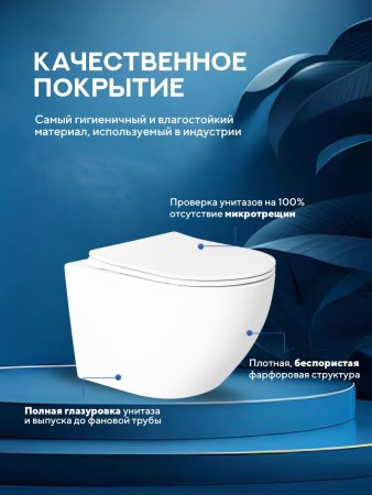 Унитаз подвесной безободковый Amore di Mare Lenza Tornado P252-T, овальный белый, антивсплеск, фарфоровый, быстросъемное сиденье дюропласт с крышкой микролифт, антибактериальное покрытие