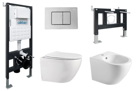 Комплект ABBER унитаз AC1100 белый с инсталляцией AC0105 и кнопкой AC0120 хром, биде AC1150 с инсталляцией AC0101P