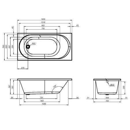 W94A-140-070W-A X-joy Ванна акриловая AM.PM 140х70 см