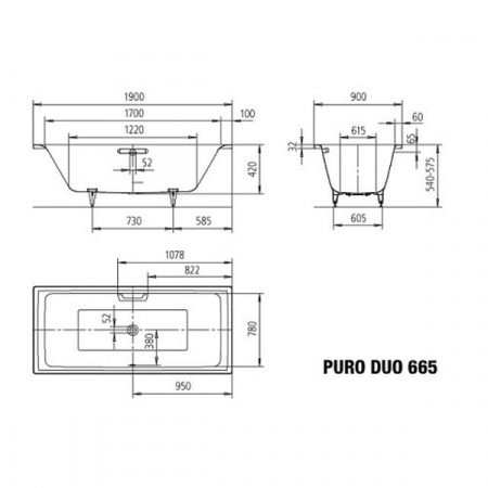 Стальная ванна Kaldewei PURO DUO 190x90x42 (665) с ножками