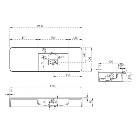 Раковина из искусственного камня Vincea VWB-6S412MW, 1200*400*150, подвесная, цвет белый матовый