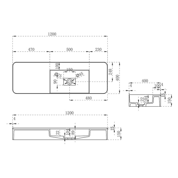 Раковина из искусственного камня Vincea VWB-6S412MW, 1200*400*150, подвесная, цвет белый матовый