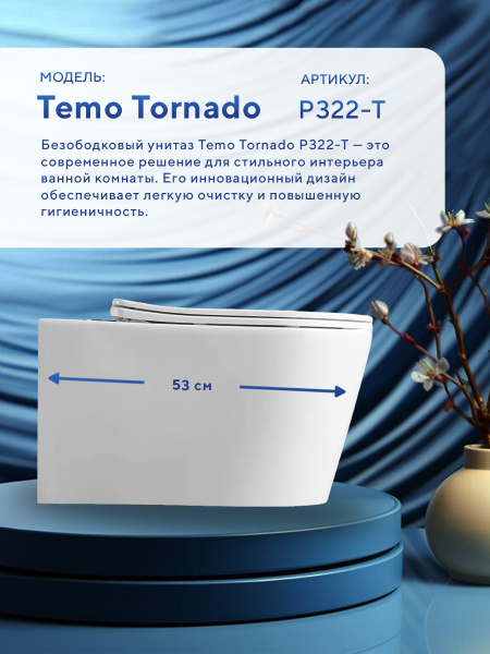 Унитаз подвесной безободковый Amore di Mare Temo Tornado P322-T, овальный белый, антивсплеск, фарфоровый, быстросъемное сиденье дюропласт с крышкой микролифт, антибактериальное покрытие