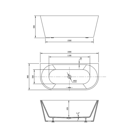 Ванна акриловая Vincea VBT-421-1800, 1800*800*580, цвет белый, щелевой перелив