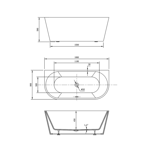 Ванна акриловая Vincea VBT-421-1800, 1800*800*580, цвет белый, щелевой перелив