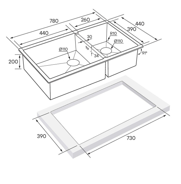 Мойка Paulmark GERBERG 78/2S UNI PM227844-BS 440х780х200 мм, нержавеющая сталь, брашированная нержавеющая сталь
