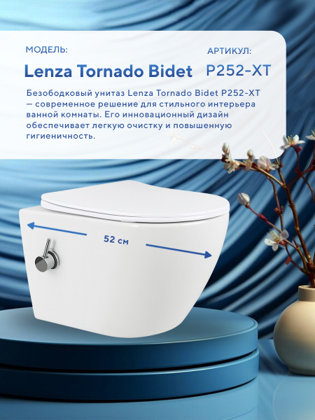 Унитаз подвесной безободковый Amore di Mare Lenza Tornado Bidet P252-XT с функцией биде, овальный белый, антивсплеск, фарфор, быстросъемное сиденье дюропласт с микролифт, антибактериальное покрытие