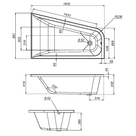 W72A-160L100W-A2 Ванна акриловая AM.PM spirit  ассиметричная 160x100, без слива/перелива, левосторонняя