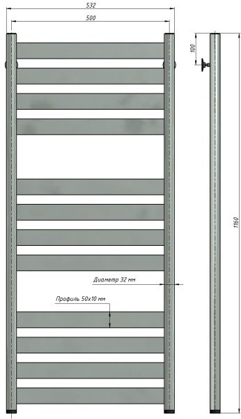 Полотенцесушитель водяной Stinox Napoli Luxe 500x1200, нижнее подключение, хром, 1" НР (наружная резьба), 12 перекладин