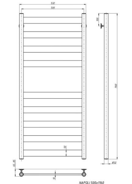 Полотенцесушитель водяной Stinox Napoli 500x1200, нижнее подключение, черный матовый, 1/2" ВР (внутренняя резьба), 9 перекладин