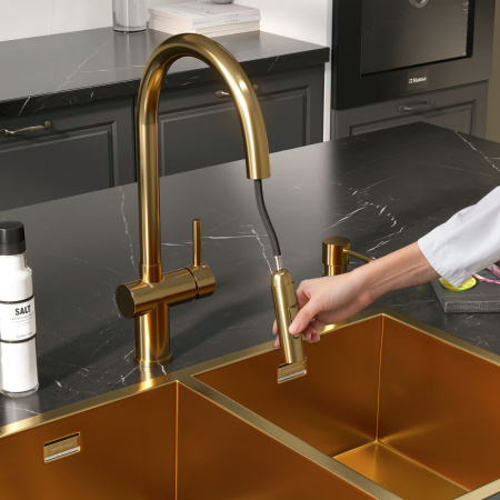 Смеситель Reflexion Lago RX9904GD для кухни с вытяжным изливом, брашированное золото