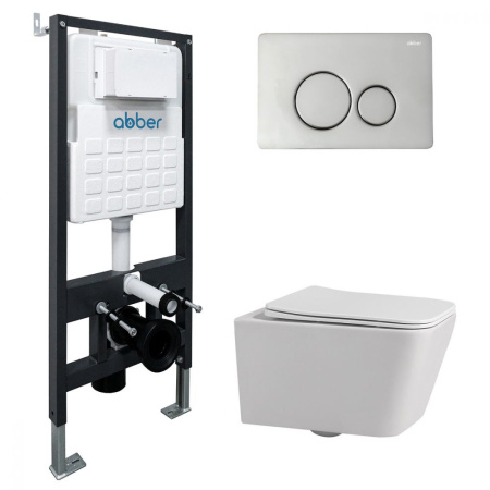 Комплект подвесной унитаз ABBER Rechteck AC1201 белый с инсталляцией AC0105 и кнопкой AC0121 хром