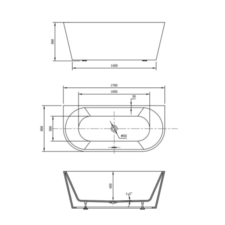 Ванна акриловая Vincea VBT-421-1700MB, 1700*800*580, цвет черный матовый/белый матовый, щелевой перелив, слив белый