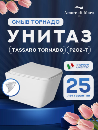 Унитаз подвесной безободковый Amore di Mare Tassaro Tornado P202-T, прямоугольный белый, антивсплеск, фарфоровый, быстросъемное сиденье дюропласт с крышкой микролифт, антибактериальное покрытие