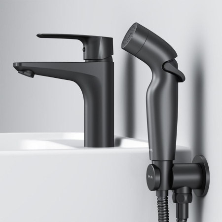 F90A03022 Gem Смеситель для умывальника AM.PM с гиг.душем, излив 99 мм, черный