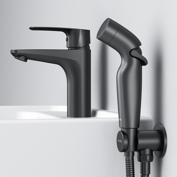 F90A03022 Gem Смеситель для умывальника AM.PM с гиг.душем, излив 99 мм, черный