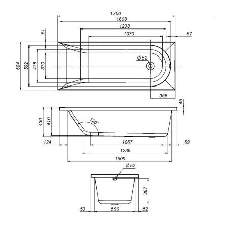 W72A-170-070W-A2 Ванна акриловая AM.PM spirit 170x70, без слива/перелива