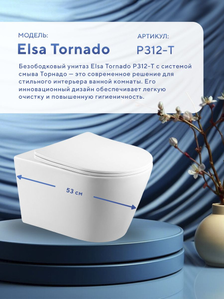Подвесной безободковый унитаз Amore di Mare Elsa Tornado P312-T, смыв торнадо, антивсплеск, фарфор, сиденье дюропласт микролифт