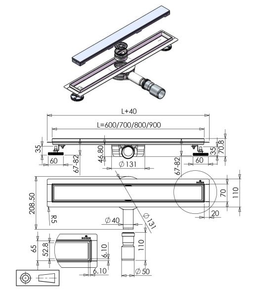 Душевой трап Roxen White glass 91040-90 900x70x70