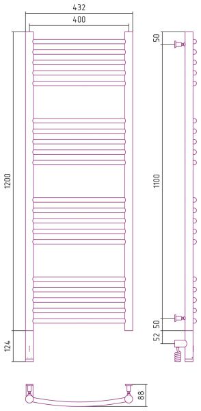 Полотенцесушитель Сунержа Богема 3.0 1200x400 левый, выгнутая перемычка 00-5802-1240