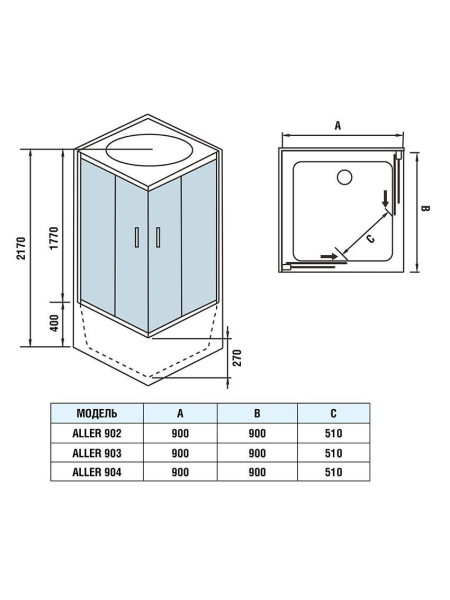 Душевая кабина WeltWasser ALLER 904 900х900х2170мм