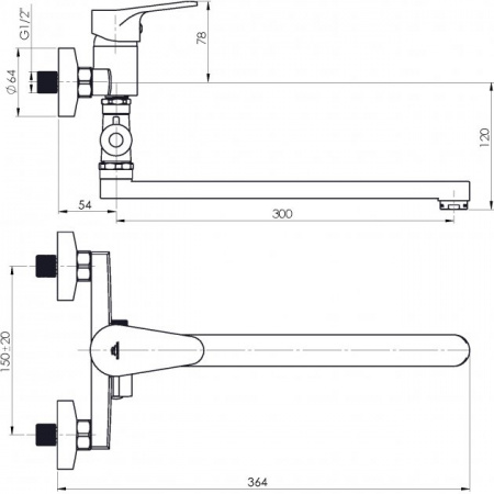 Смеситель для ванны Rubineta Luka-12/C (9) LU2CK08, настенный с лейкой