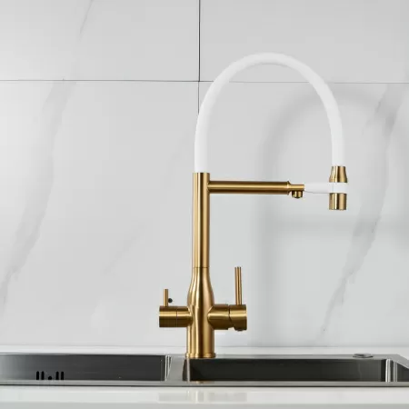 Смеситель для кухни с гибким изливом и подключением фильтра Shevanik S378G, золотой сатин/белый
