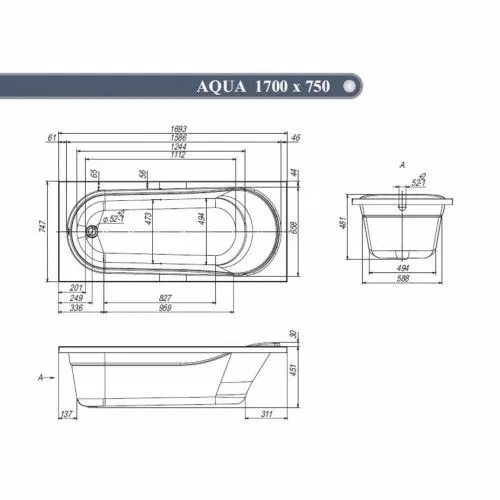 Акриловая ванна Венто СПА "AQUA " LA 1700х750/1