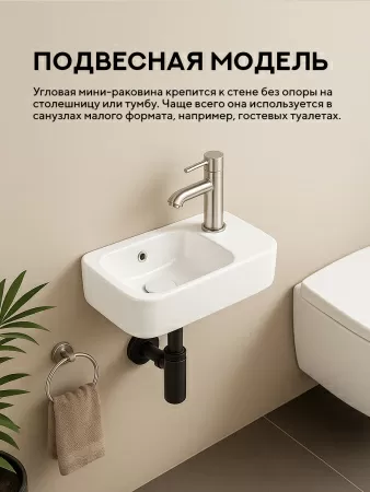 Подвесная раковина Amore di Mare Ponza 45802-RR, умывальник угловой из фарфора 45х26,5 см, отверстие под смеситель, перелив, белый цвет, гарантия 25 лет