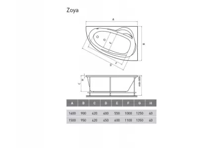 Ванна акриловая правосторонняя Relisan ZOYA Гл000001248, 140x90
