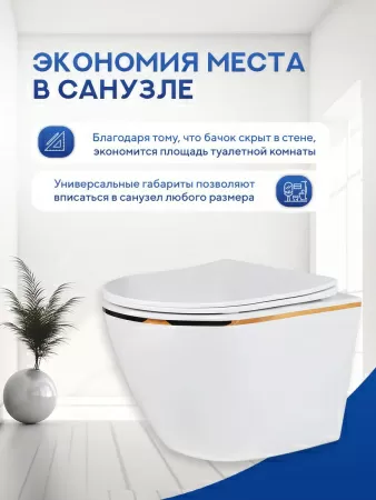 Унитаз подвесной безободковый Amore di Mare Delio Tornado P203 Line Golden белый, антивсплеск, фарфоровый, быстросъемное сиденье дюропласт с крышкой микролифт, чаша с антибактериальным покрытием