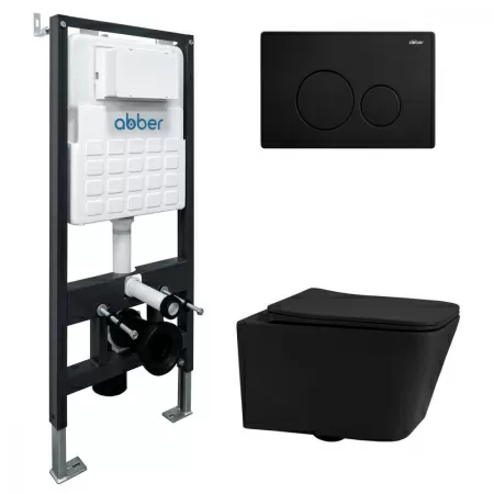 Комплект подвесной унитаз ABBER Rechteck AC1201MB черный матовый с инсталляцией AC0105 и кнопкой AC0121MB черный матовый