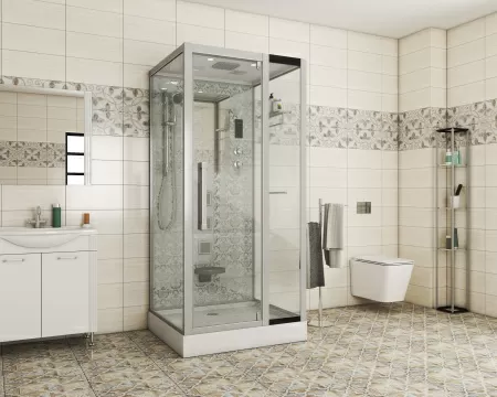 Душевая кабина Niagara Luxe NG-7714W (100x90х215) низкий поддон(15см),дверь распашная,стенки серебро,5 мест