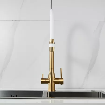 Смеситель для кухни с гибким изливом и подключением фильтра Shevanik S378G, золотой сатин/белый