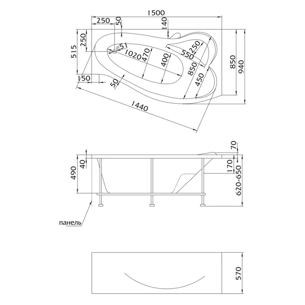 Ванна Marka One GRACIA 150x90 L с каркасом