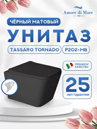 Унитаз подвесной безободковый Amore di Mare Tassaro Tornado P202-MB, прямоугольный черный, антивсплеск, фарфоровый, быстросъемное сиденье дюропласт с крышкой микролифт, антибактериальное покрытие