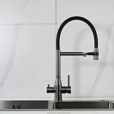 Смеситель для кухни с гибким изливом и подключением фильтра Shevanik S378T, оружейная сталь